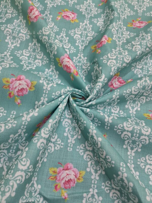 Mint base pink rose design digital print cotton blend fabric 36"