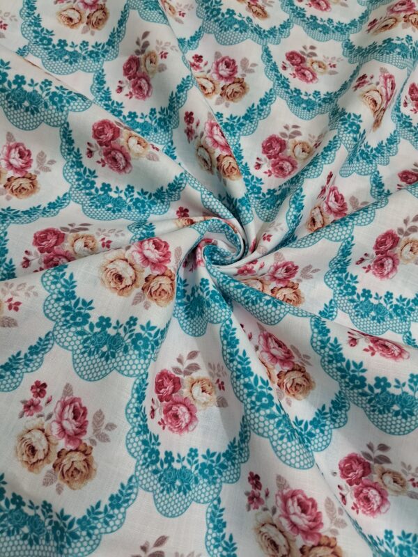 Rose bunch with lacy scallop design digital print cotton blend fabric 36"