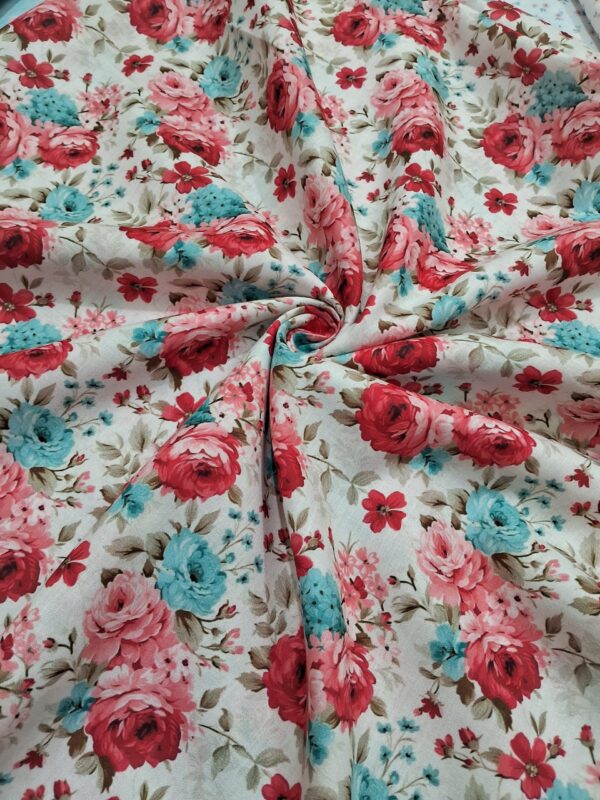 Red & blue rose bunch design digital print cotton blend fabric 36"