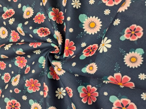 Navy blue base flower digital print cotton blend fabric 36"