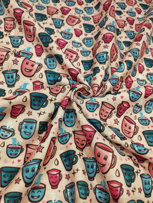 Quirky cups design digital print cotton blend fabric 36"