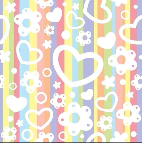 Pastel Rainbow Stripes with White Hearts and Flowers Pattern customizable